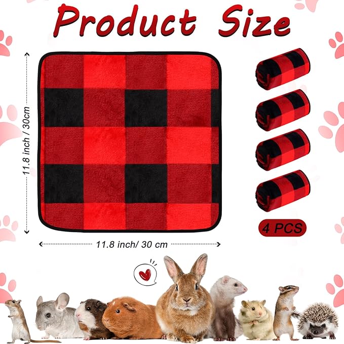 Reginary 4 Pcs Waterproof Guinea Pig Blankets Washable Small Animal Fleece Bedding Absorbent Guinea Pig Cage Liners Reusable Pet Pee Pad Sleep Mat for Hamster Ferret (Christmas Plaid,12 x 12 Inch)