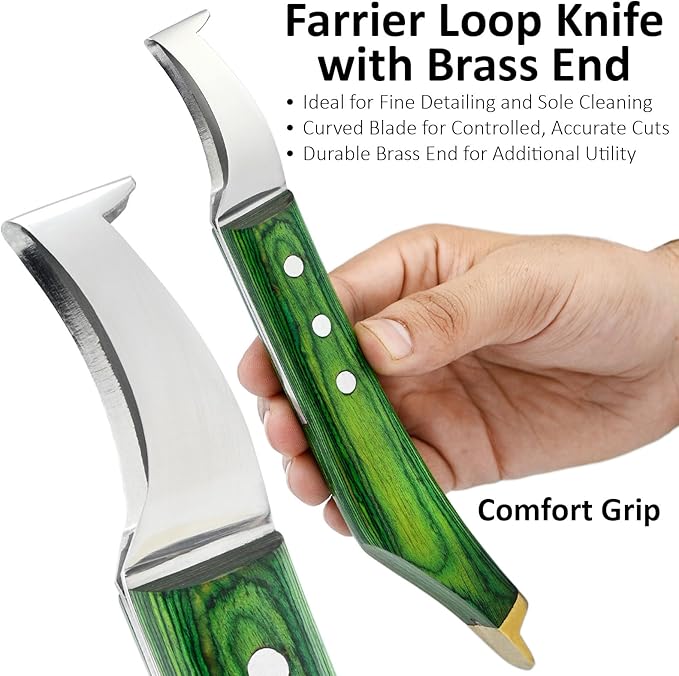 Premium Farrier Loop & Hoof Knife with Brass End – Professional Hoof Trimming Tool for Horses, Cows & Livestock, Stainless Steel Blade, Ergonomic Wood Handle (Green)