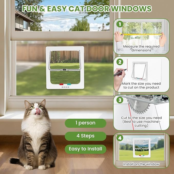 Cat Door for Window, 4 Locking Modes for Safety Cat Window Door, Fits 14"-28" Width Window, Durable Weatherproof design Cat Door, Magnetic Closure, Wider View, Pet Door With Safe & Comfortable for Cat