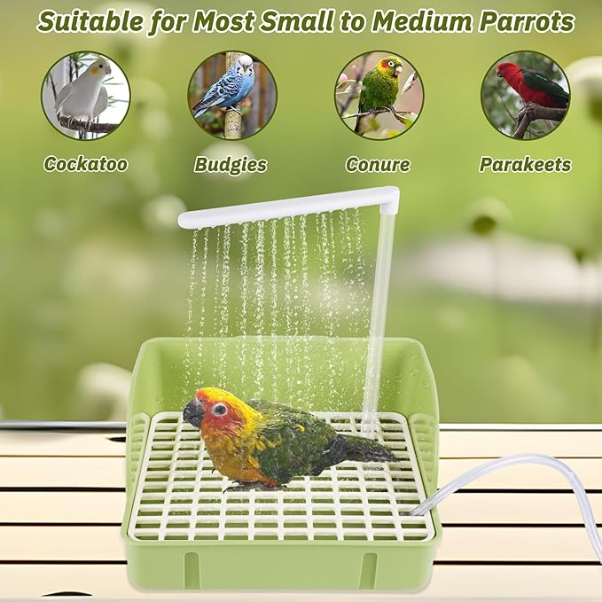 Automatic Bird Bath with Pump, Parrot Bathtub with Anti-Bite Cord Protector, USB Electric Large Bird Bathtub Circulating Water Bird Shower for Parakeet Cockatiel African Grey Lovebird(Green)