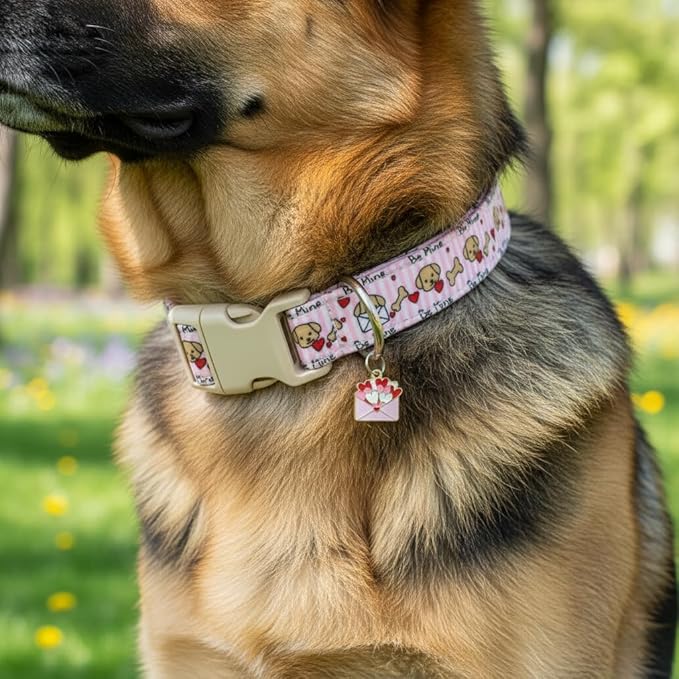Pink Dog Collar, Girl Dog Collar with Cute Dogs and Hearts, Cute Spring Summer Food Collar with Soft & Breathable Fabric, Adjustable Pet Collar for Small Dogs