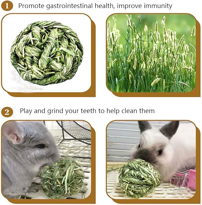 Hamiledyi Bunny Grass Toy 4 Pcs Natural Timothy Grass Small Animal Activity Play Chew Ball for Rabbits Hamster Guinea Pigs Gerbils
