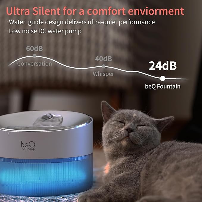 beQ Cat Water Fountain,2.5L/84oz Inside Ultra-Quiet Stainless Steel Automatic Pet Water Dispenser,BPA Free,Visible Water Level,with a Large Size Filter,Suitable for Cats & Small Dogs