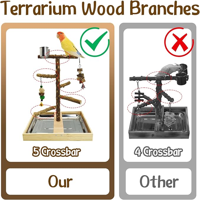 Tfwadmx Bird Perch Natural Wood Stand Toy Parrot Play Stand Platform Bird Cage with Removable Tray and 2 Stainless Steel Cups for Parakeets Canaries Cockatiels Conure Lovebirds
