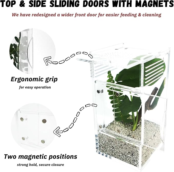 Jumping Spider Enclosure with Mushroom Ledges & Water Bowl Accessories, Acrylic Reptile Terrarium Habitat for Tarantulas, Bugs, Snails, Mantis, Small Insects, Dual Doors, No Assembly Required