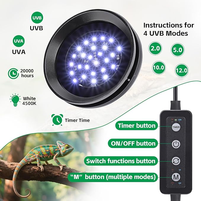 UVB Light for Reptiles with Dimming UVA UVB Reptile Light Fixture with Timer LED UVB Bulb for Bearded Dragon Gecko Turtle Chameleon Lizard Snake Adjustable Brightness Reptile Tank Accessories 6W Black
