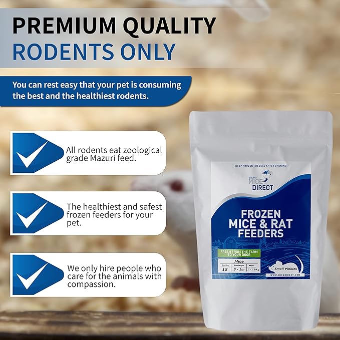 MiceDirect EST. 2003 125 Frozen Mice Small Fuzzie Feeders Snake Food for Juvenile Hognose Corn Milk (.5-1 in) (375 Grams Min)
