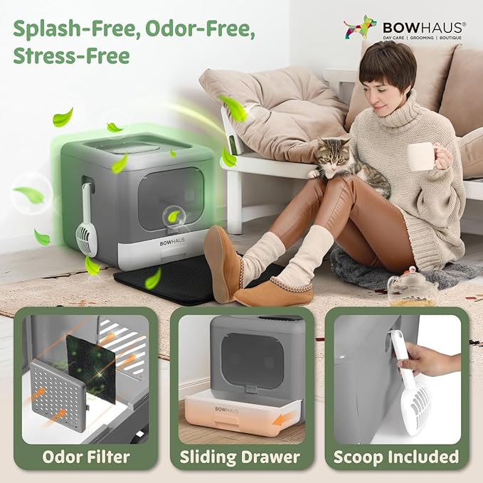 Foldable Cat Litter Box w/Lid, Scoop & Mat, Drawer Design Cat Toilet for Kitten, Two-Way Entry Kitty Litter Box, Odor Control & Easy to Clean, Beige/Pink