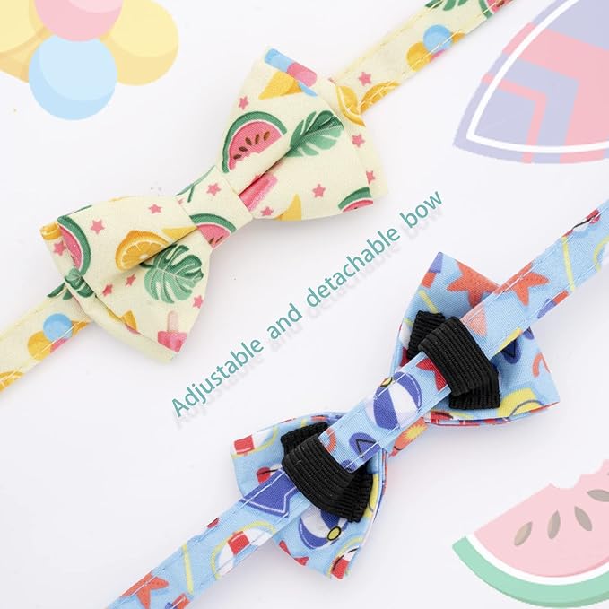 Faygarsle 2 Pack Cute Cat Collar with Bell Breakaway Bowtie for Male Female Cats Soft Fancy Blue Yellow with Ice Cream Sea Pattern Summer Cat Collar for Boy Girl Cats