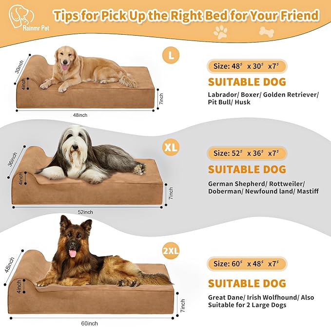 Orthopedic Dog Beds for Large Dogs, 7" Memory Foam Dog Beds with Waterproof Liner, Chew Proof Microsuede Cover, Removable and Washable, Nonskid Bottom, 52"x36" XL Khaki