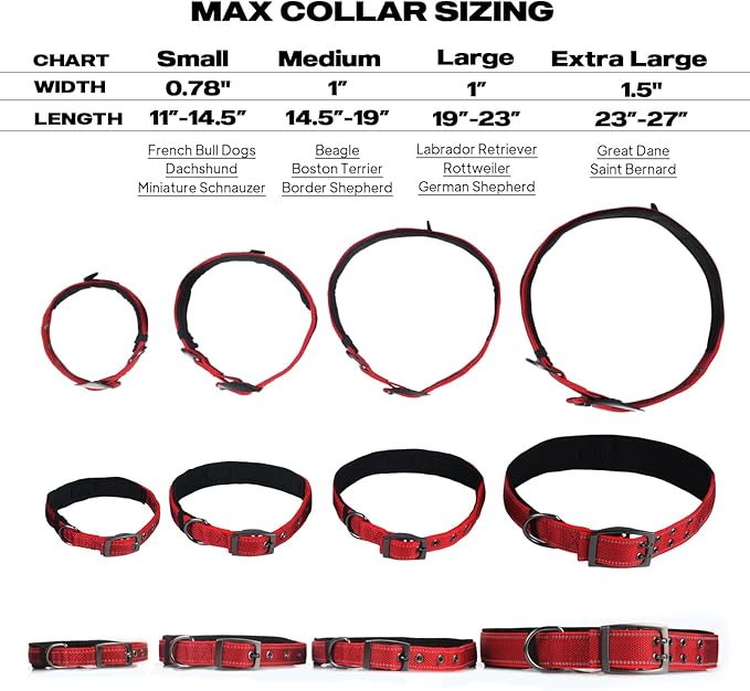 PetiFine Dog Collar for Large Dogs, Neoprene Padded and Adjustable, Reflective Wide Heavy Duty Pet Collars with Durable Metal Belt Buckle for Walking, Red, L