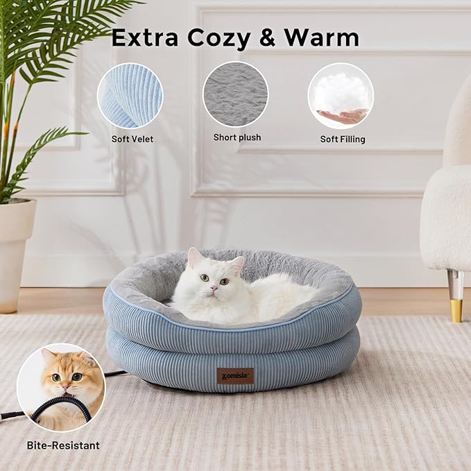 Heated Cat Bed Indoor - Adiustable Temperature Pet Heating Bed with Timer and Chew Resistant Cord, Washable Puppy Bed with Non-Slip Bottom, 21" x 21" x 8", Khaki