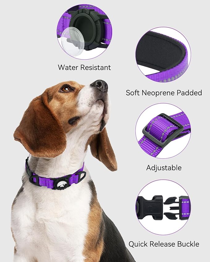 Joytale Airtag Dog Collar, Reflective Pet Collar with Waterproof AirTag Holder, Dual D-Rings, Soft Padded Adjustable for Extra Small and Puppy Dogs, Purple, XS