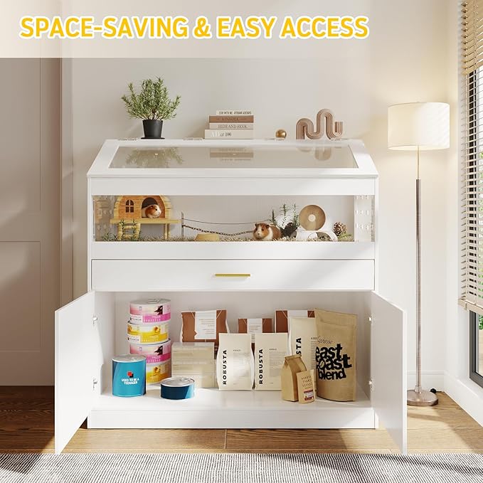 Big Hamster Cage with Storage Cabinet,Indoor Guinea Pig Cages for Small Animals,Wooden Hamster Enclosure with Easy View Acrylic Panels & Drawer for Hamster, Rabbit, Guinea Pig, Hedgehog
