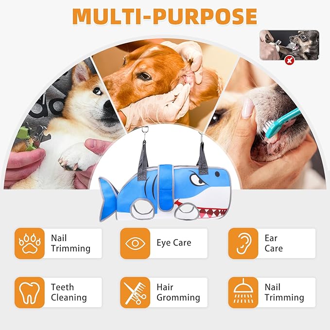 Dog Grooming Hammock for Small Dogs Cats, Cute Shark Design Dog Hanging Harness for Nail Trimming/Clipping, Pet Sling with Grooming Kit and Thick Neck Support & Strap Restraint Claw Care, M