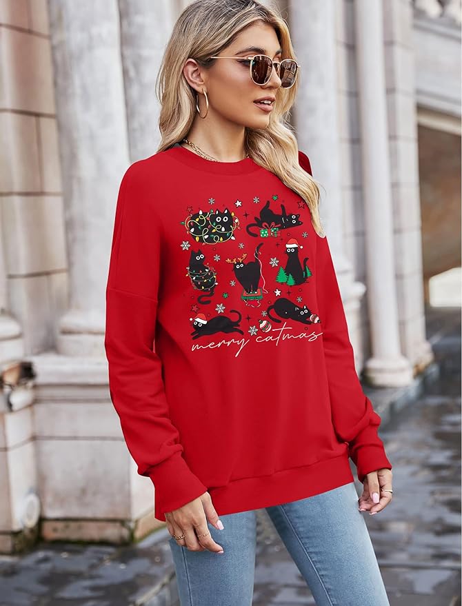 FRYAID Cat Sweatshirt Women Funny Black Cat Graphic Sweater Casual Cat Crewneck Holiday Long Sleeve Hoodie Pullover Top