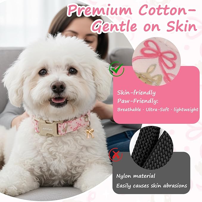 Easter Dog Collar, Spring Pink Dog Collar with Pink Bow & Rabbit, Adjustable Cotton Puppy Collars Girl Boy Collar for Small Medium Large Dogs -S