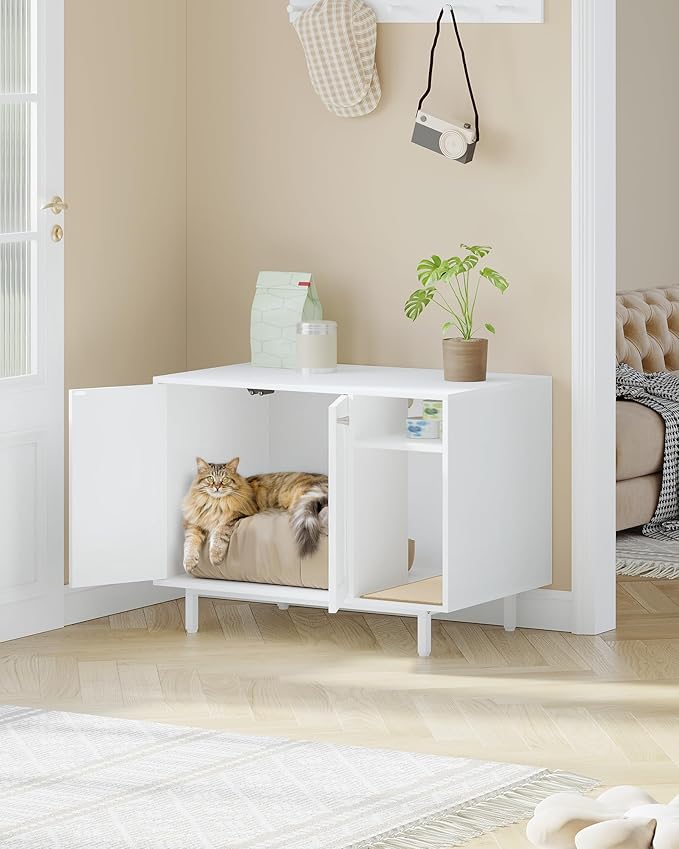 Cat Litter Box Enclosure Enclosed, Hidden Litter Box Cabinet Furniture with Storage, Wooden Indoor Cat House Large, Modern End Table for Living Room Entryway, White CB01513W