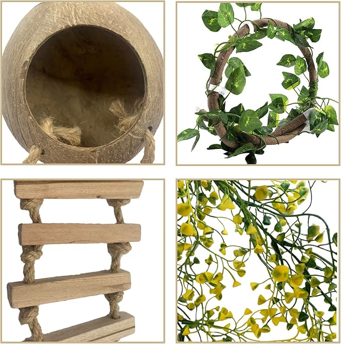 Crested Gecko Coconut Hut with Ladder,Natural Bearded Dragon Coco Den Reptile Shell Hideout Husk Hut Climbing Plants Leaves Tank Accessories for Lizard Chameleon Snakes