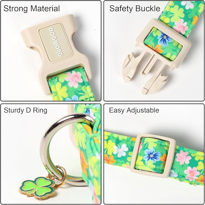 DOGWONG St. Patrick Dog Collar, Comfortable Adjustable Green Clover Pattern Dog Collar for Small Male Female Dogs,S