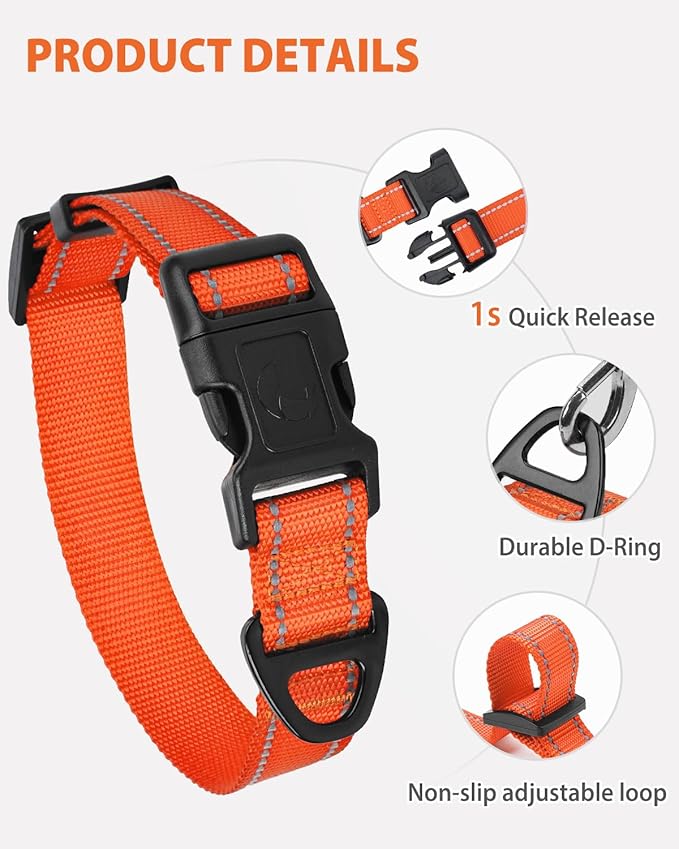 Joytale Large Dog Collar, Reflective and Adjustable Nylon Pet Collar with Quick-Release Buckle for Extra Large Dogs, Orange, XL