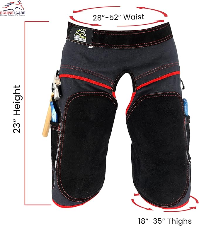Equine Care Farrier Apron Chaps – 2mm Cowhide Suede Leather, 500 GSM Canvas, 23" Length, Adjustable Waist (28–52"), Ambidextrous Knife Pockets, Magnets & Loops – Horseshoeing & Hoof Trimming.