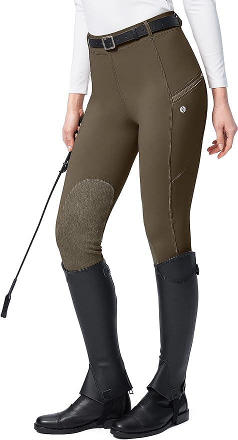 SANTINY Women's Horse Riding Pants with Zipper Pockets Knee-Patch Schooling Tights Equestrian Breeches for Women