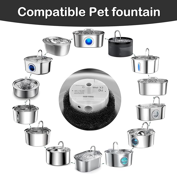 Cat Water Fountain Pump, Pet Water Fountain Replacement Pump SMA-800 Submersible Motor for Stainless Steel Indoor Cat Fountain Pump Replacement(Pump With Adapter&Brush)