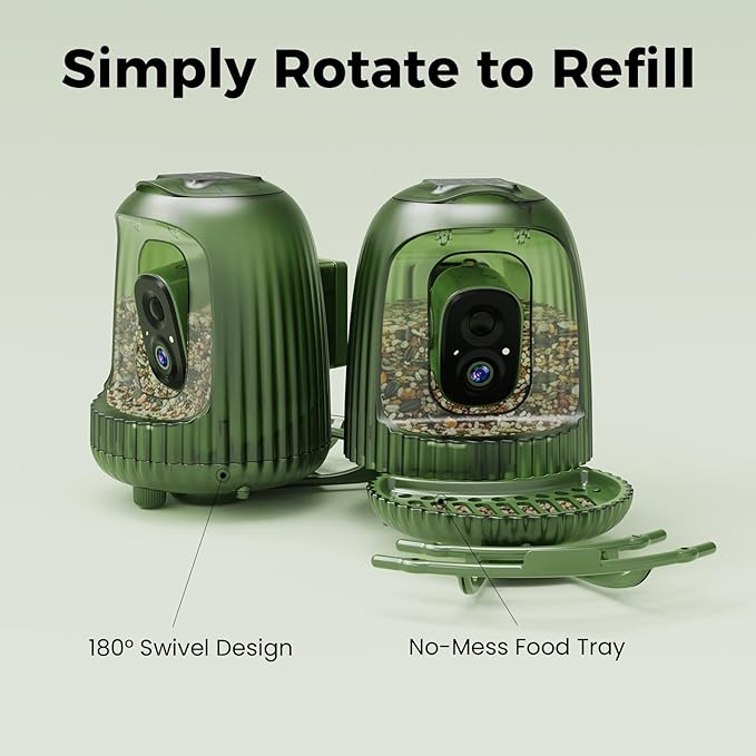 HIXX Smart Bird Feeder with Camera, AI Bird Identifier & 4MP Color Night Vision, Exclusive Vertical View Mode, Squirrel-Deterrent Design, Solar Light for Nature Lovers (White Light)