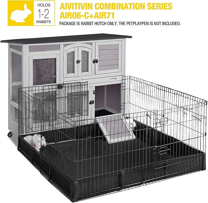 Aivituvin Two Story Rabbit Hutch Bunny Cage with Wheels, Indoor Outdoor Guinea Pig Cage with 2 Deep No Leak Tray