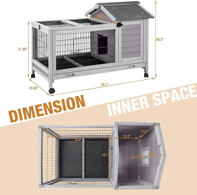 Rabbit Hutch Indoor Outdoor Rabbit Cage Bunny Cage with Run,No Leak Pull Out Tray,Wire Fence