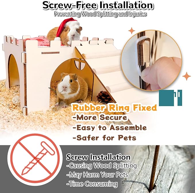 Guinea Pig Hideout,Large Wooden Guinea Pigs House with Stairs and Mats,Detachable Guinea Pig Castle Hide for Small Animals Hamster Chinchilla Ferret Habitats Accessories