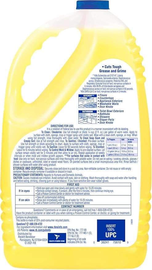 Lysol Multi-Surface Cleaner, Sanitizing and Disinfecting Pour, to Clean and Deodorize, Sparkling Lemon and Sunflower Essence, 144 Fl Oz