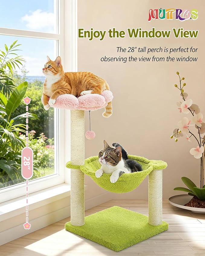 Flower Cat Tree, 28" Cat Tower with Cozy Flower Perch, Large Hammock for Indoor Small Cats, Cute Cat Tree with Sisal Scratching Post and Fur Toy Ball for Kittens, Pink