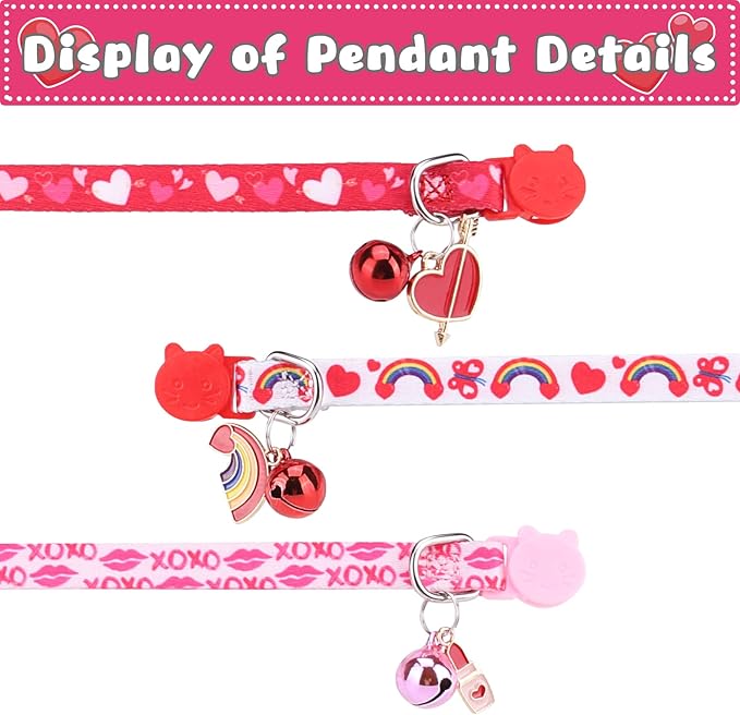 Breakaway Cat Collars with Bell & Cute Pendants, 3 Pack Safety Buckle Kitten Collars, Adjustable Pet Collar Ideal for Girl Boy Cats Puppy (Love Heart)