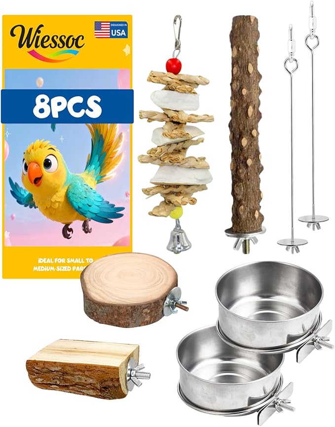 8 Pcs Parrot Toys Bird Toy Natural Wood Chew Toys with Rope Perch, Bell, Foraging Swing & Feeding Dish for Conure, Cockatiel, Budgie, Lovebird, Small Parrot Cage Accessories