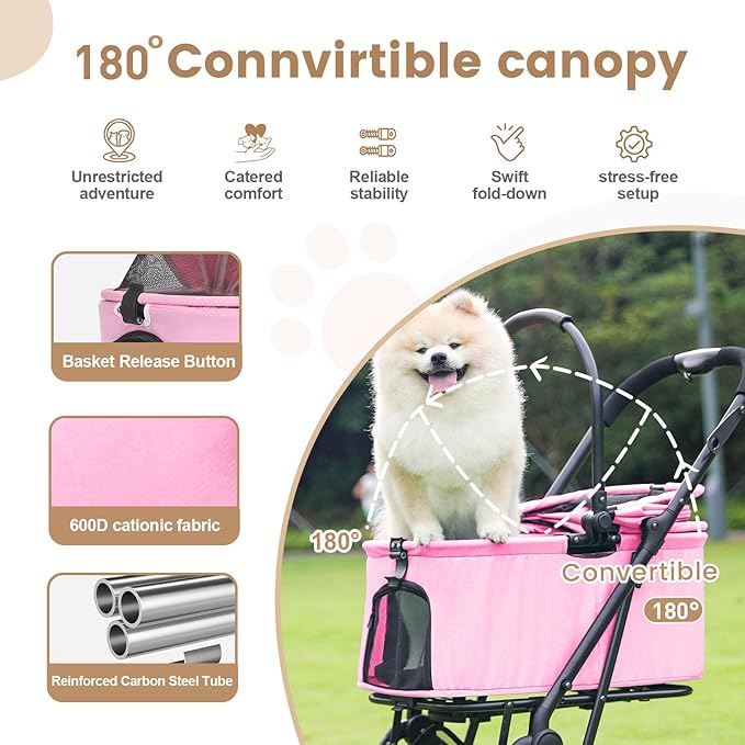 Wedyvko Dog Stroller, Carrier, Car Seat & Pet Stroller for Small Dogs, Max Load 33 lbs with Dog Poop Bags & Dispenser, Basket and Cup Holder (Pink)