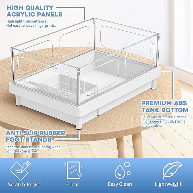 Small Turtle Tank Kit(Tank+Light+Filter), Acrylic Turtle Tank Starter Kit with Basking Platform, Bottom Drainage, Multi-Function Areas for Turtles, Crayfish, Small Reptiles.(White+Black)