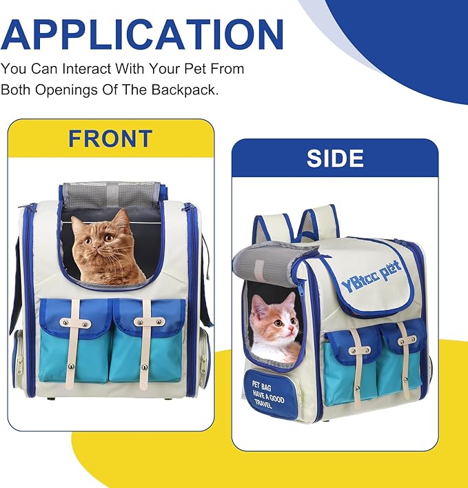 Pet Backpack Carrier, Portable and Ventilated, Oxford Cloth, Dogs Cats and Small Animals Travel Bag 13.39", (Beige, White, Blue, 1 Pcs), Intended for Hiking/Camping/Traveling