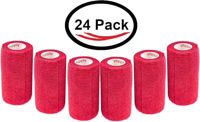 3 Inch Vet Wrap Tape Bulk (Red) (Pack of 24) Self Adhesive Adherent Adhering Flex Bandage Grip Roll for Dog Cat Pet Horse