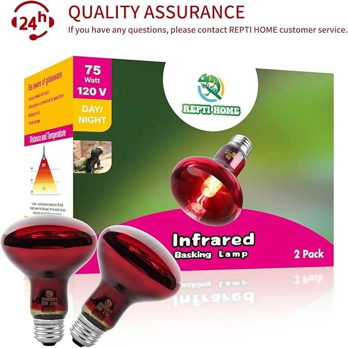 Reptile Heat Lamp Bulbs, Infrared 75W Reptiles & Amphibians Basking Spot Lamp Bulb-2 PCS, Red Heat Emitter Light for Chickens Coop