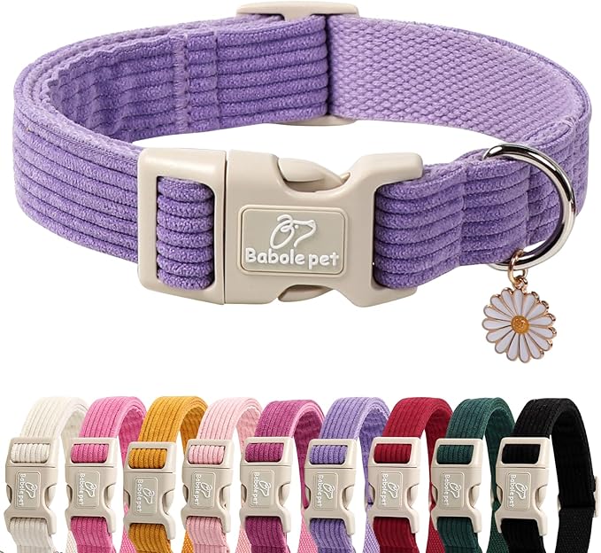 Cute Corduroy Dog Collar - Lavender Adjustable Dog Collars for Medium Dogs 25-50lbs, Fade-Proof with Secure Snap & Little Charm, Christmas Birthday Gift, M