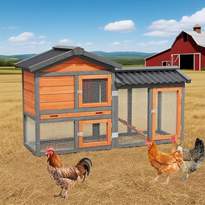 Chicken Coop, Chicken Run, Small Wooden Duck Coop Outdoor 2-Tier Hen House All Weather Used Poultry Quail Cage Rabbit Pet Hutch House with (Brown with Black)
