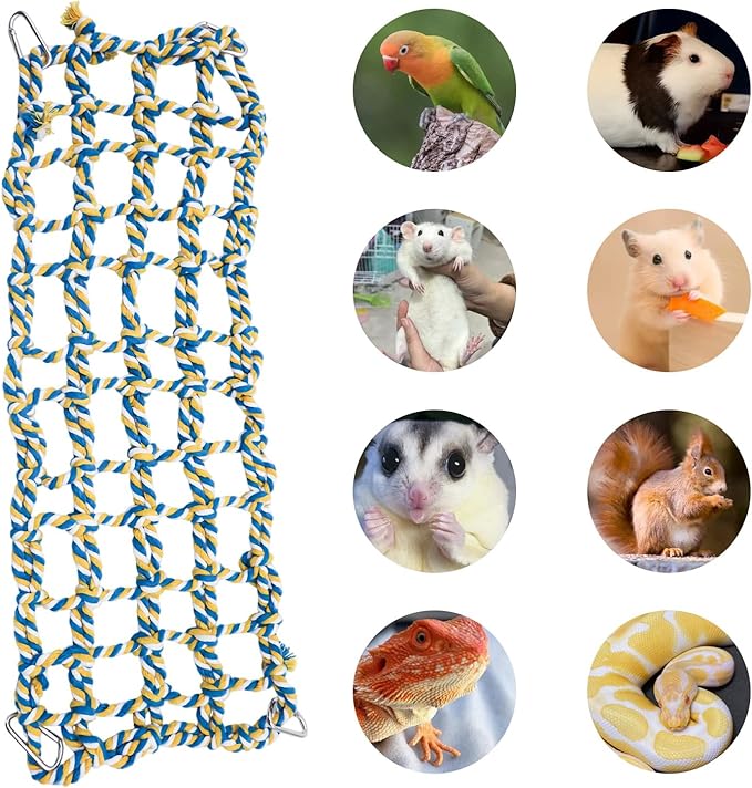 Bird Cage Accessories, Long Rope Bridge with Metal Hooks, Hanging Climbing Toys, Rope Bridge for Bird, Hamster, Rat, Guniea Pig, Sugar Glider, Squirrel, Bearded Dragon, Snake
