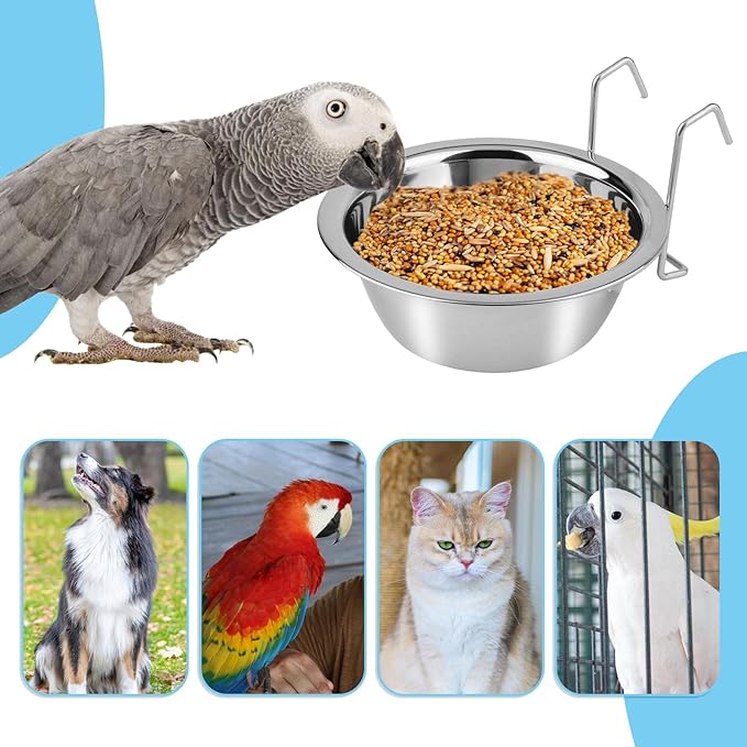 Hypeety Stainless Steel Food Water Cup with Bolt Hooks for Pet Bird Crates Cages Coop Dog Cat Parrot Bird Rabbit Pet (Large,16.5cm)