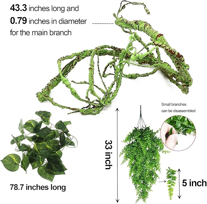 kathson 3 PCS Reptile Vines Plants Flexible Bendable Jungle Climbing Vine Terrarium Plastic Plant Leaves Pet Tank Habitat Decor for Bearded Dragons Lizards Geckos Snakes Frogs and More Reptiles