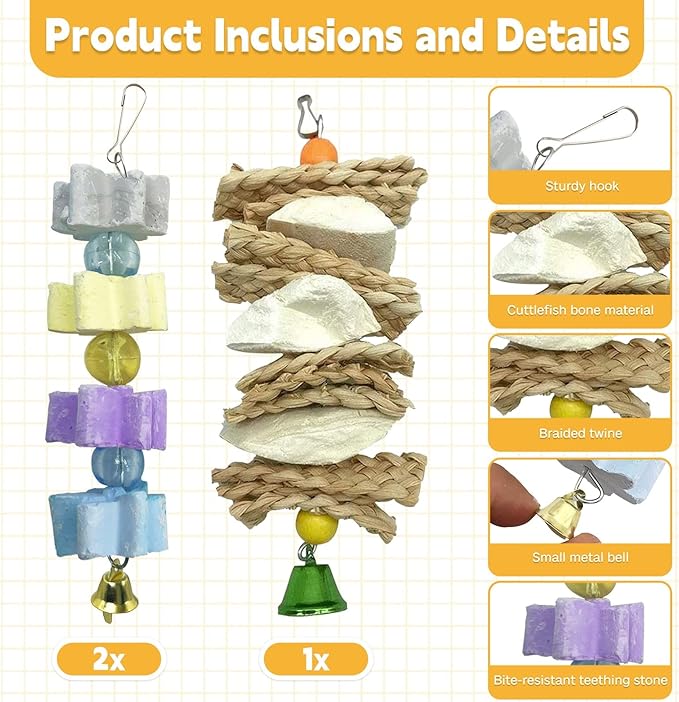 kathson 3 PCS Bird Toys, Parrot Toys, Parakeet Cuttlebone Beak Stone Mineral Lava Blocks Trimming Chew Toys for Conures Cockatiels Parrots Budgies and African Gray