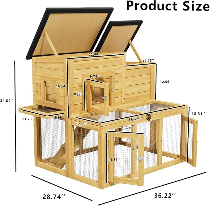 Outdoor Chicken coops for 2-4 Chickens Wooden with Waterproof Asphalt Roof, Ramp, and Multiple Doors Openable Top Pull-Out Tray Suitable for Outdoor Backyard (Yellow-Brown)