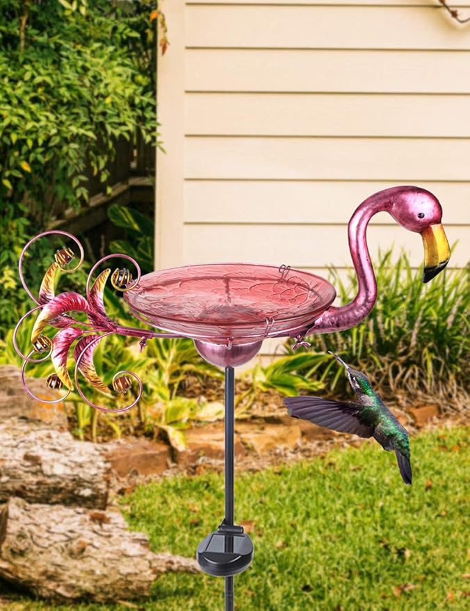 MUMTOP Outdoor Bird Bath Solar Birdbath Small Birdfeeder with Flamingo Metal Stake for Garden Yard Decor
