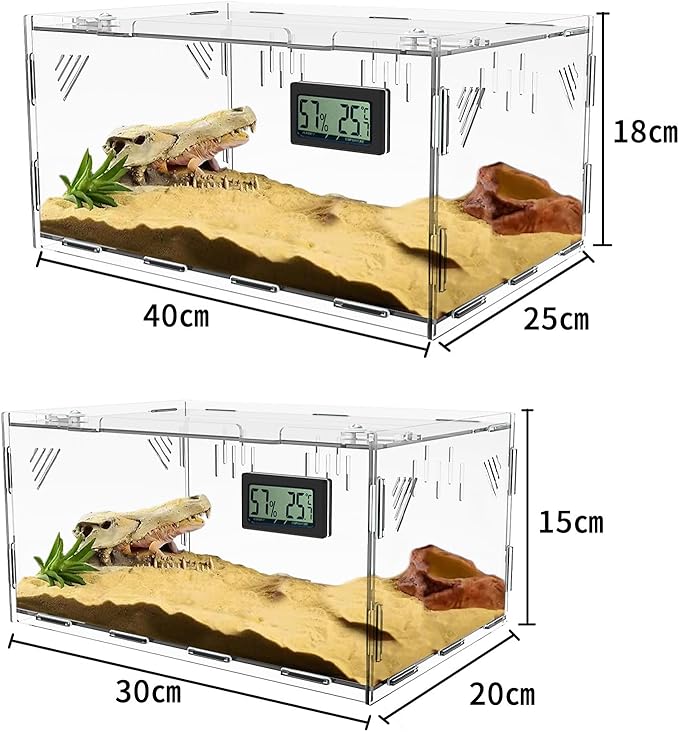 Reptile Terrariums, with Temperature Hygrometer, 15.7"x9.9"x7.1"Acrylic Reptile Breeding Box Terrarium Cage Tank for Small Reptile Insect Home Office